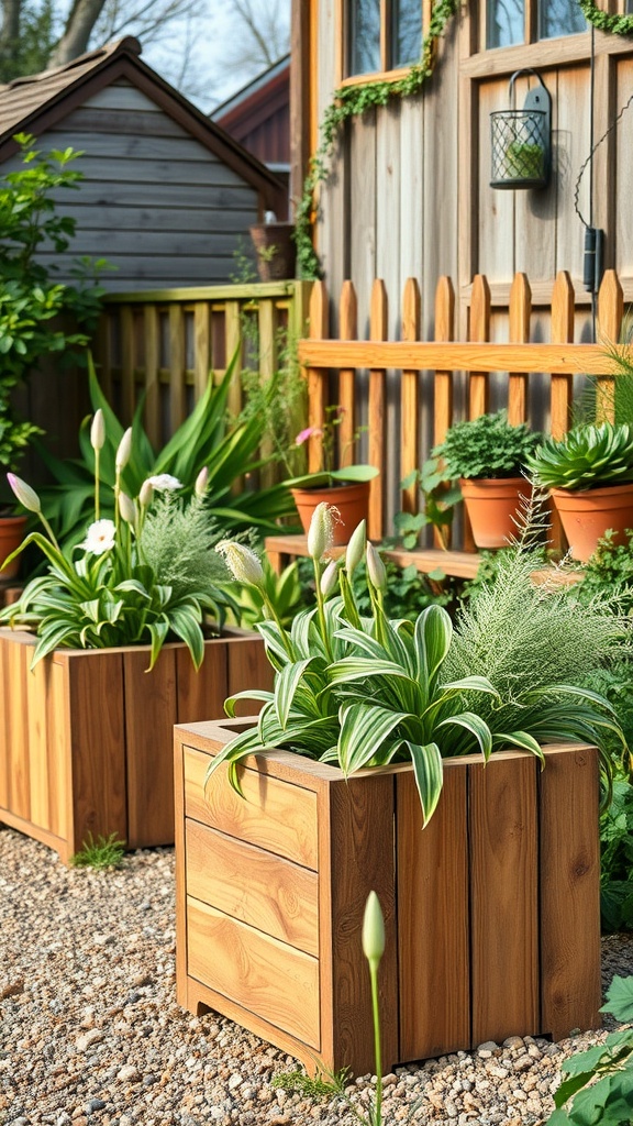 Rustic wooden planters filled with green plants in a garden setting