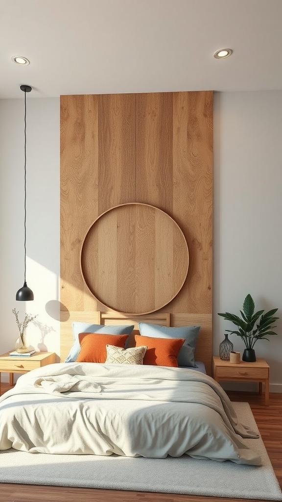 Bedroom with a rustic plywood accent wall featuring a circular wooden design, cozy bedding, and simple wooden furniture.