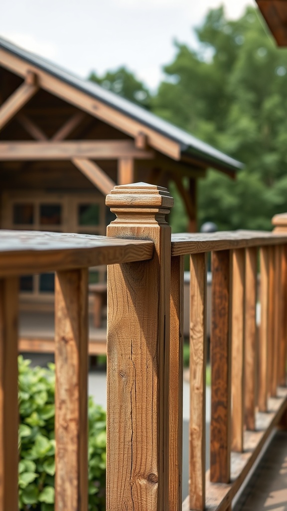 Close-up of rustic wooden railing on a balcony