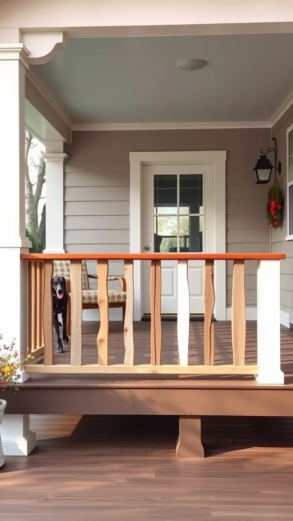 A rustic back porch with unique wooden railings and a dog standing near a chair.