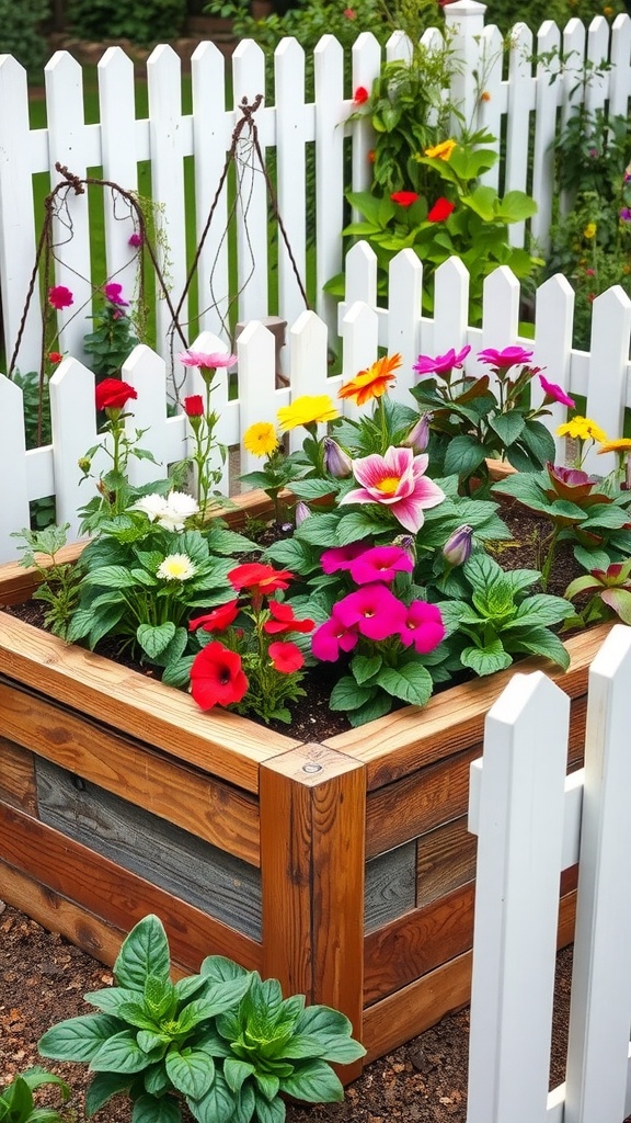 Colorful flowers in a rustic raised garden bed surrounded by a white picket fence