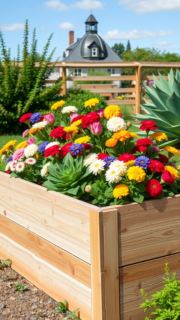 Colorful flowers in a rustic raised garden bed with a farmhouse in the background.