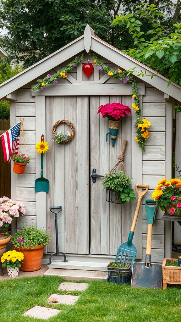 A rustic garden shed decorated with flowers and gardening tools