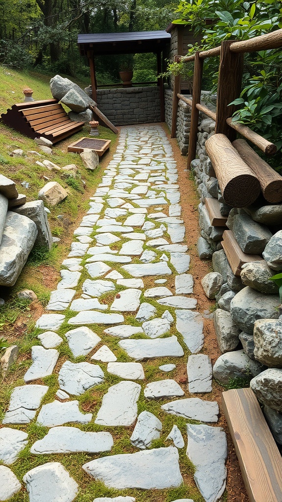 A rustic garden pathway made of irregular stones with moss, flanked by wooden railings and a bench.
