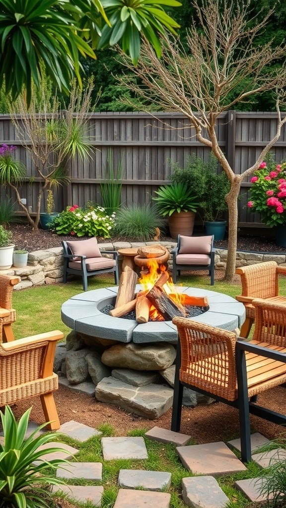 A rustic stone fire pit surrounded by seating and colorful flowers in a garden.