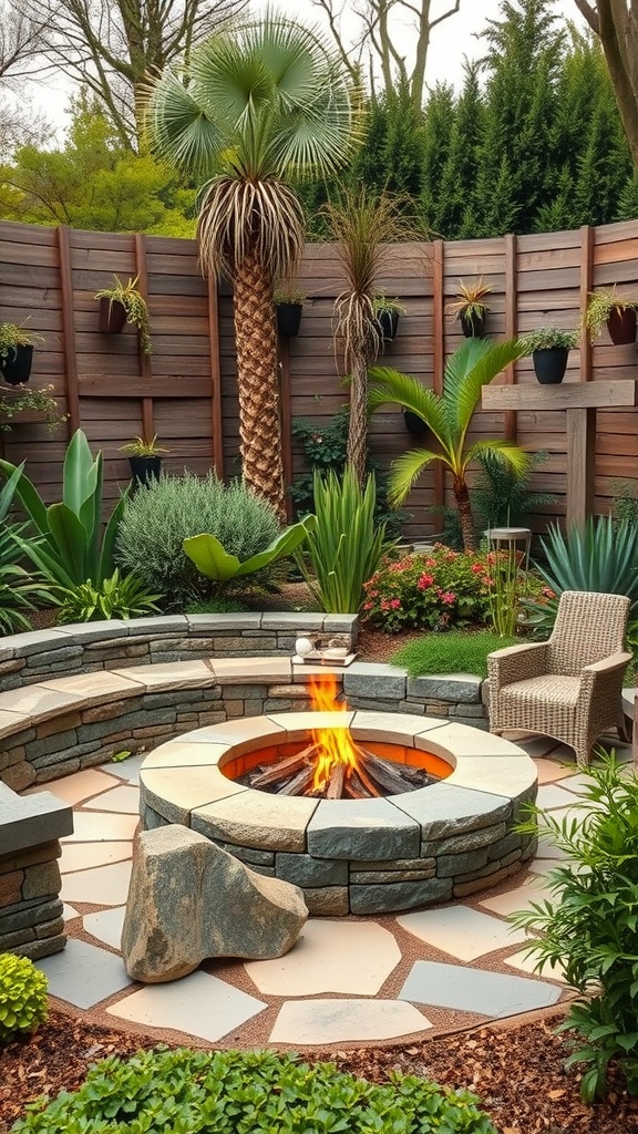A rustic stone fire pit surrounded by greenery and seating in a farmhouse garden setting.