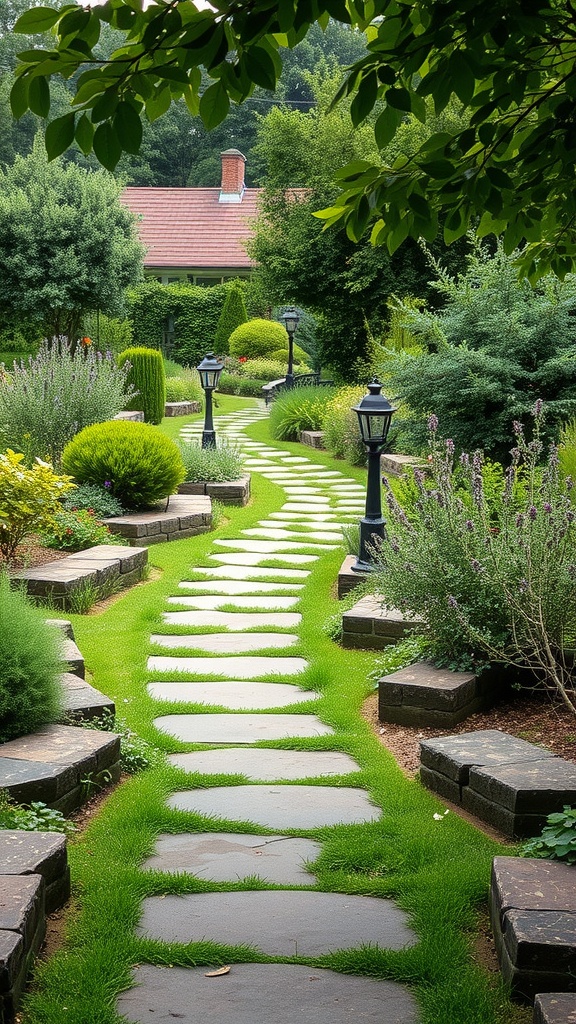 A rustic stone pathway winding through a lush garden