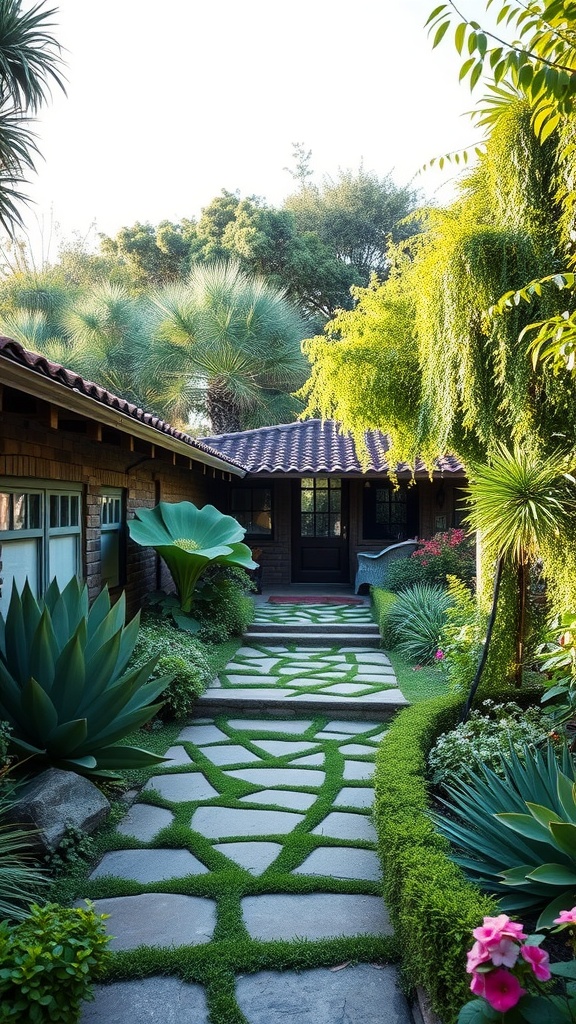 A rustic stone pathway surrounded by lush greenery and colorful flowers, leading to a cozy entrance.