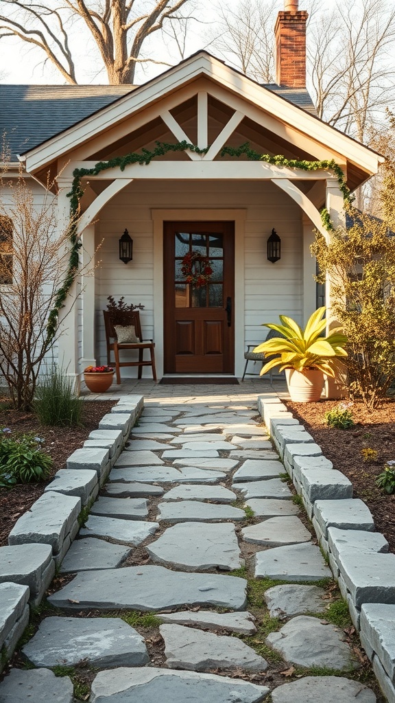 A rustic stone pathway leading to a porch, surrounded by greenery and decor.