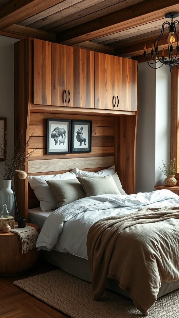A cozy bedroom featuring wooden storage cabinets and a round side table, showcasing rustic boho style.