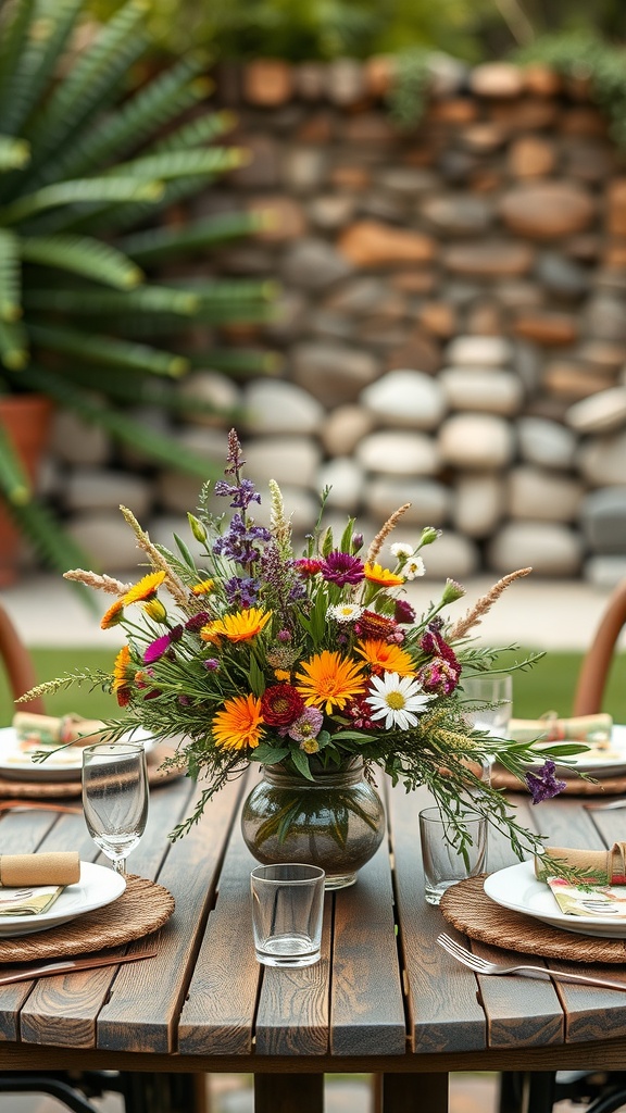 A rustic table centerpiece with a vibrant flower arrangement on a wooden patio table.