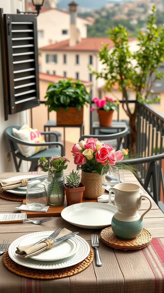 A beautifully set outdoor dining table with rustic tableware, flowers, and greenery on a balcony.