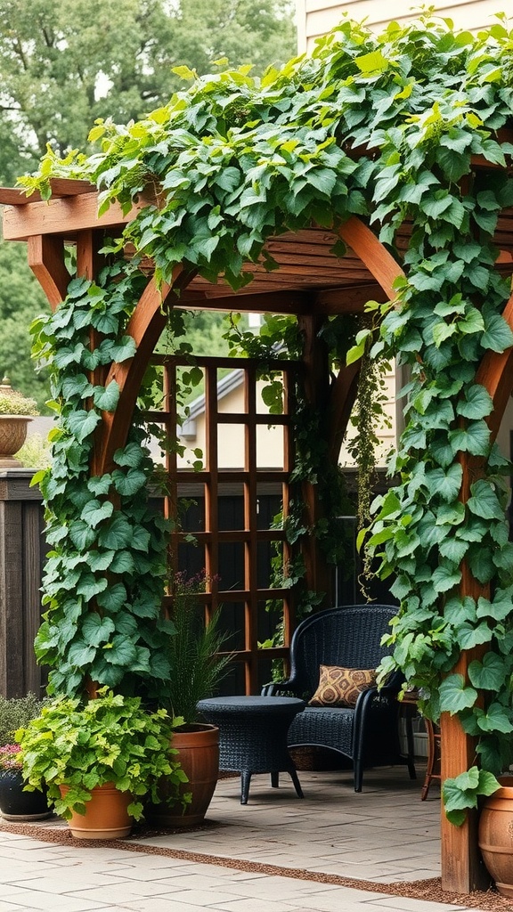 A rustic wooden trellis covered in green vines, offering privacy on a farmhouse patio.