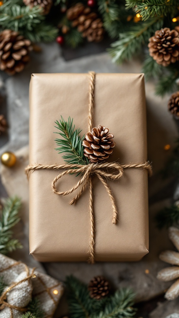 A beautifully wrapped gift with twine and a pinecone accent, surrounded by pinecones and greenery.