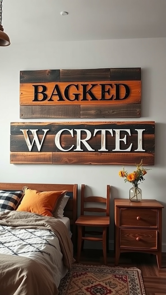 Rustic wall art in a modern farmhouse bedroom featuring wooden panels with bold letters above a cozy bed.