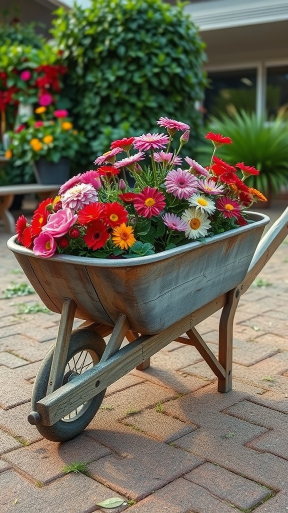 A rustic wheelbarrow planter filled with colorful flowers.