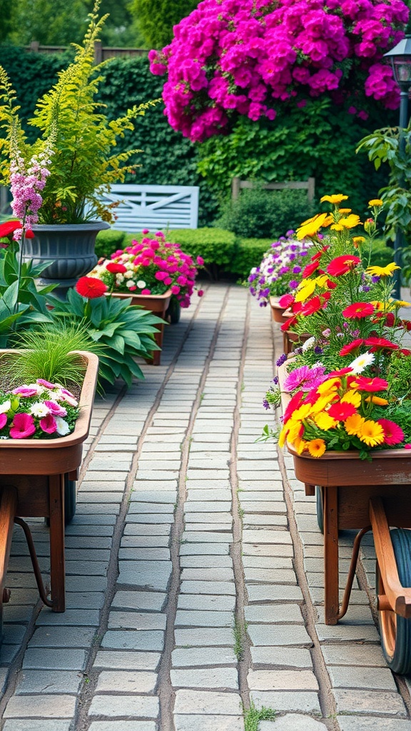 A beautiful garden pathway flanked by rustic wheelbarrow planters filled with colorful flowers.