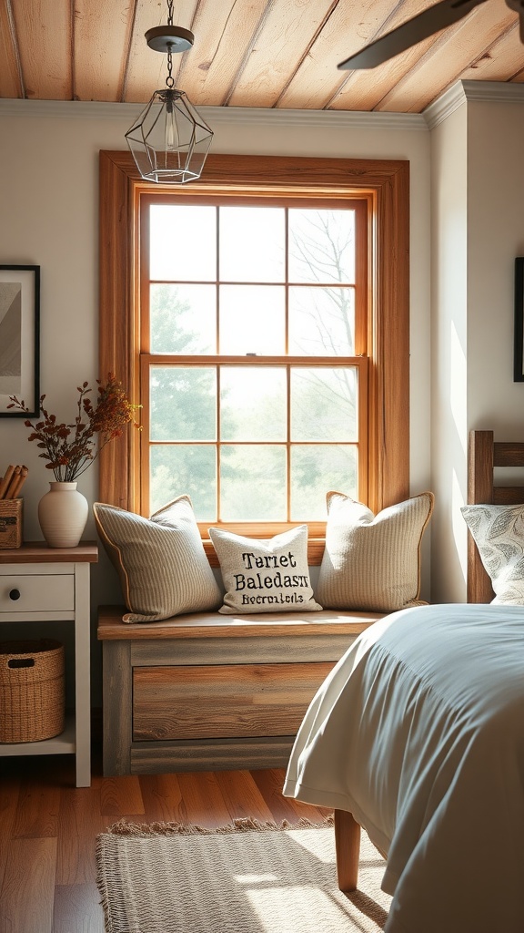 A cozy window seat with cushions, framed by a wooden window, in a rustic bedroom setting.