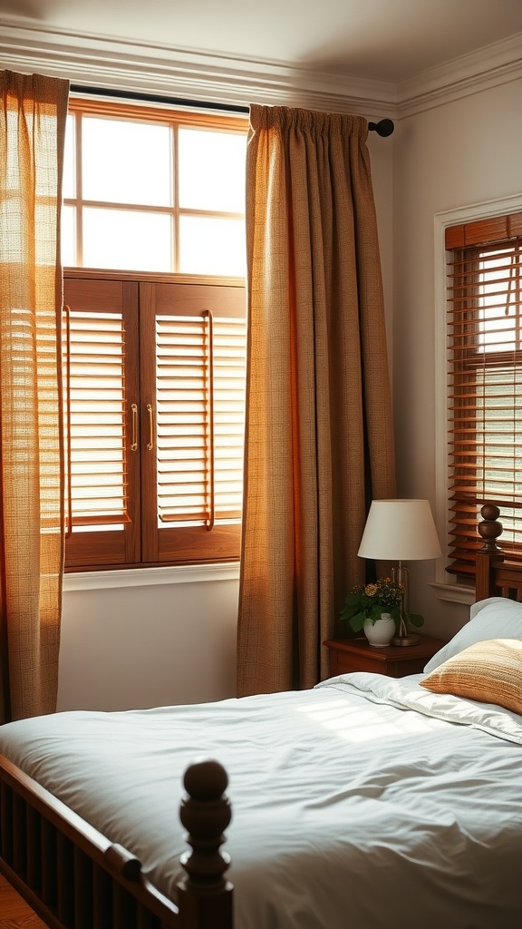 A cozy farmhouse bedroom featuring rustic window treatments with linen curtains and wooden shutters.