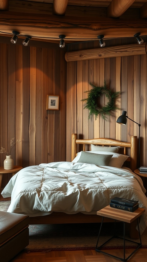 A cozy bedroom with rustic wood accents, featuring wooden walls, a comfortable bed, and decorative elements.