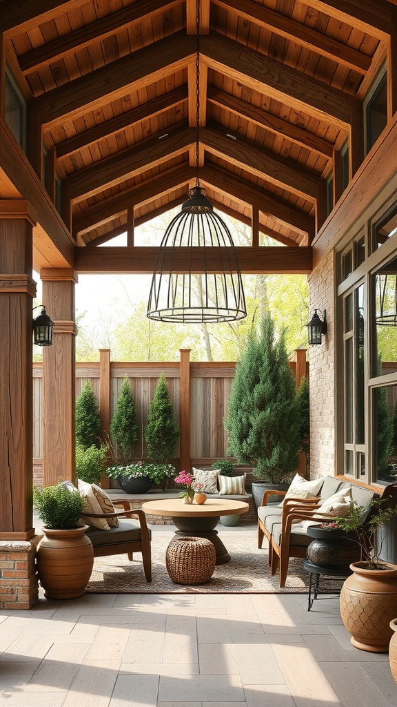 A cozy boho back porch featuring rustic wood beams and a comfortable seating area with plants.
