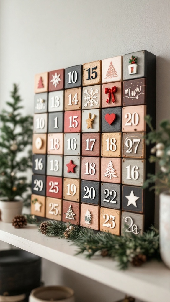 A rustic wood block advent calendar with decorated blocks and festive designs.