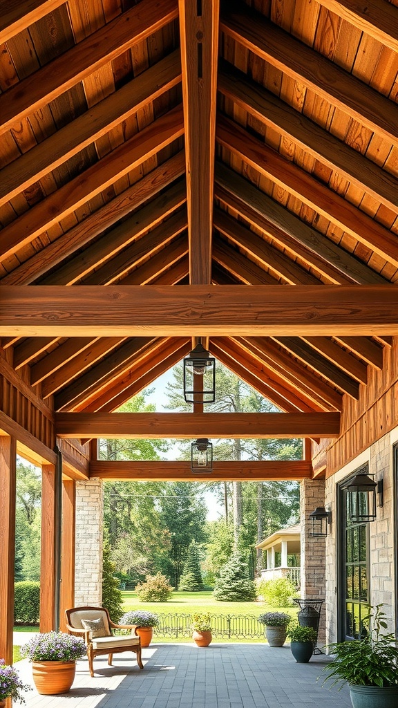 A rustic patio featuring wooden ceiling beams and a view of greenery outside