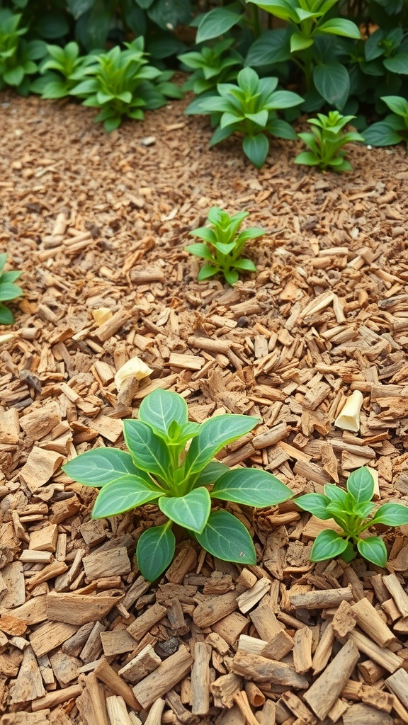 Fresh green plants growing through rustic woodchip mulch in a garden