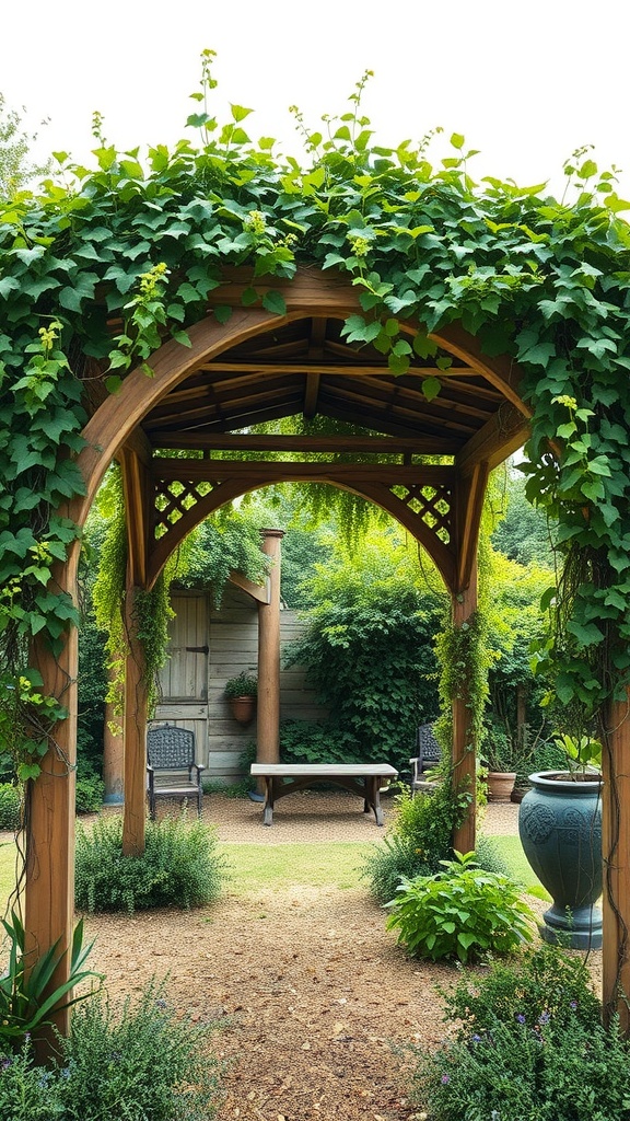 A rustic wooden arbor covered in lush greenery, creating a shaded area in a garden.