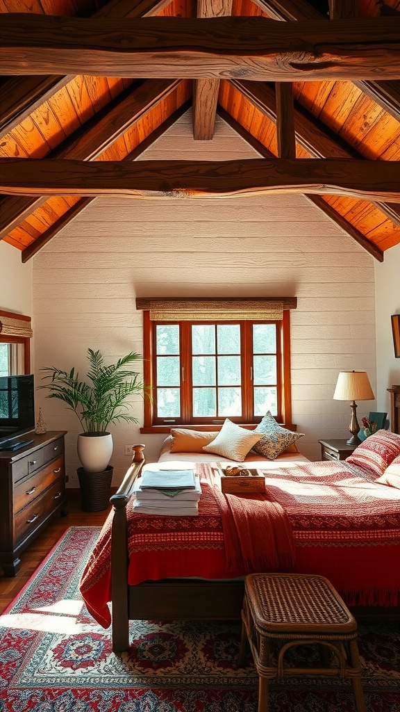 Cozy Boho Eclectic Bedroom with rustic wooden beams and natural light