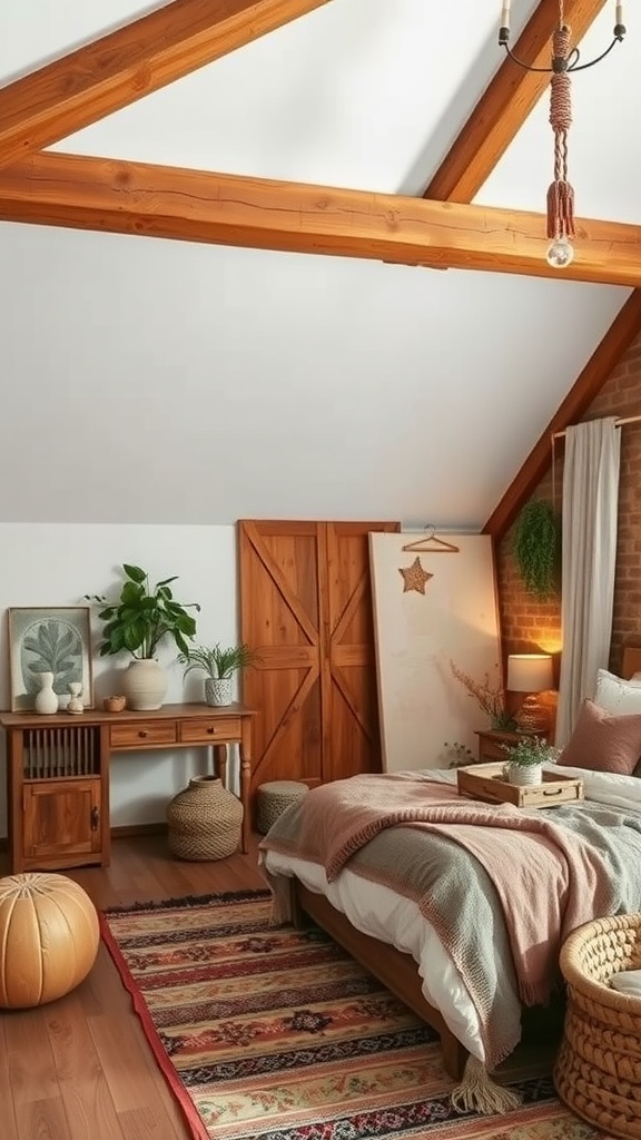 A cozy boho-style bedroom featuring rustic wooden beams, a wooden bed, and warm textiles.