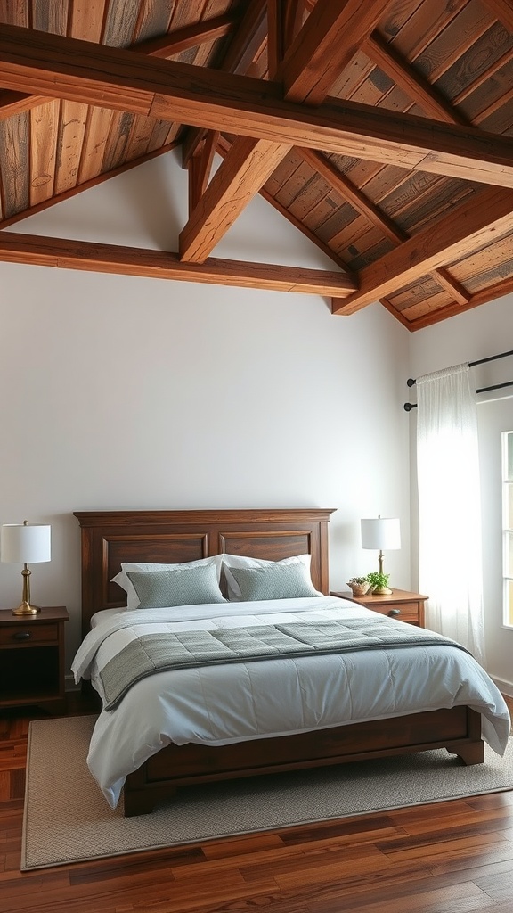 A rustic boho style bedroom featuring wooden beams and a cozy bed setup.