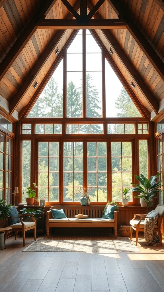 A sunroom featuring rustic wooden beams, large windows, and a cozy seating area with plants.