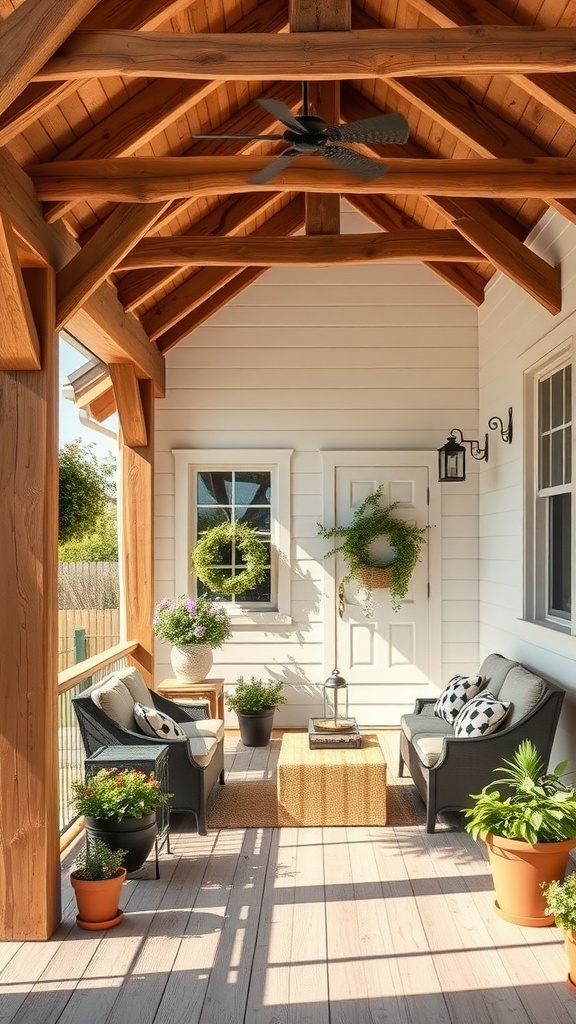 A cozy farmhouse back porch featuring rustic wooden beams, shiplap walls, and comfortable seating.