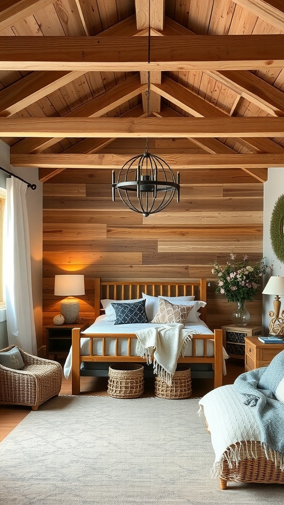 Cozy farmhouse bedroom featuring rustic wooden beams and soft textiles