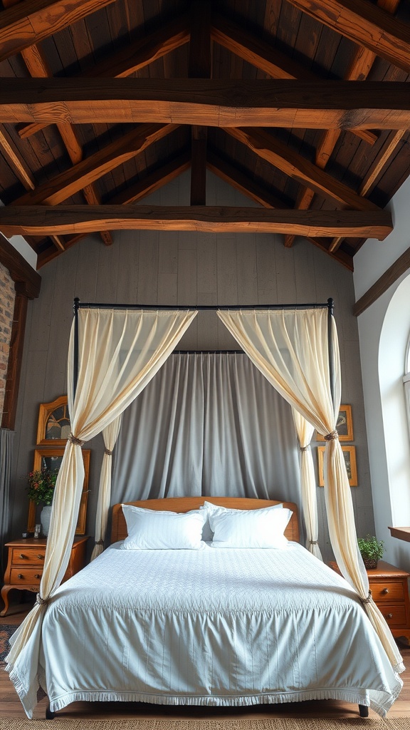 A cozy bedroom featuring rustic wooden beams and a canopy bed.