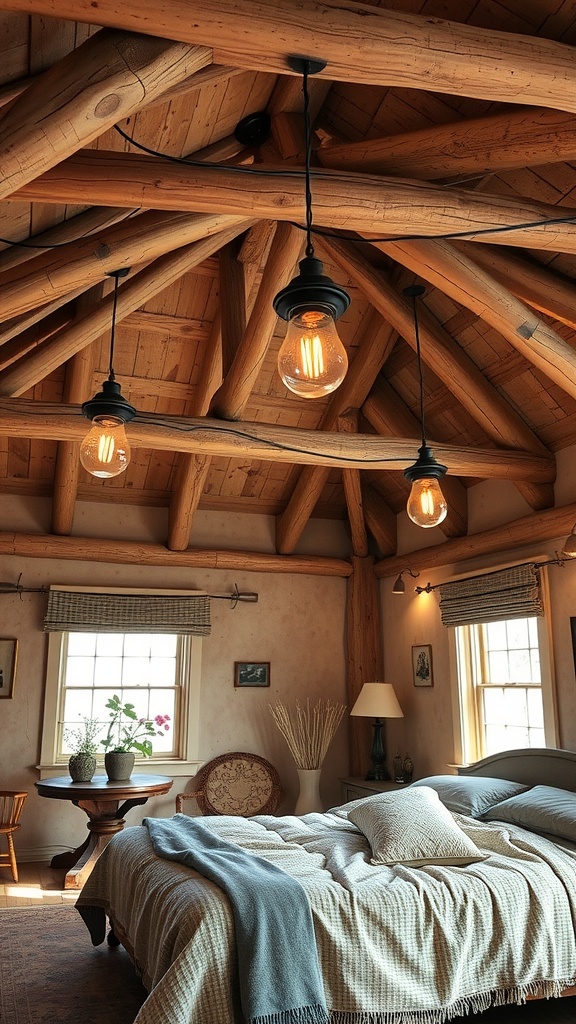 A cozy boho bedroom with rustic wooden beams and vintage hanging lights