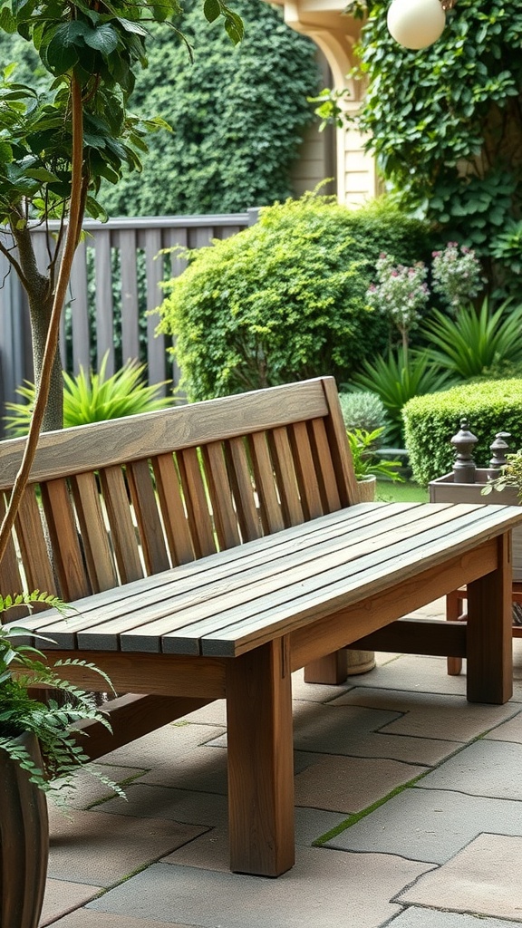 A rustic wooden bench in a lush garden setting