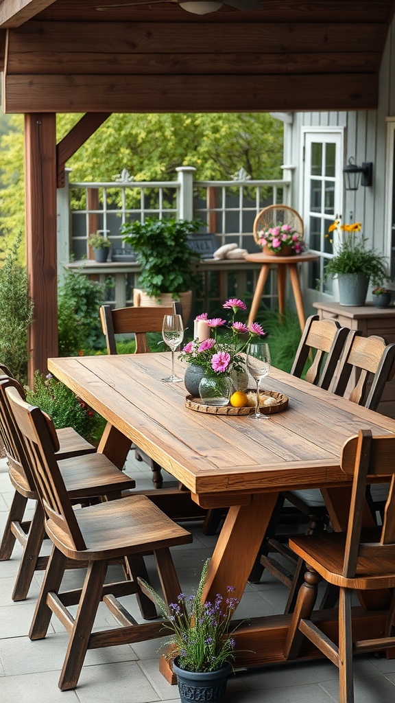 A rustic wooden dining set on a patio, surrounded by plants and flowers, creating a cozy outdoor dining space.