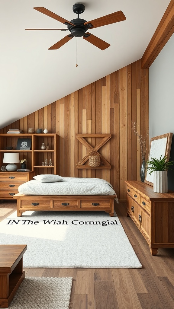 A cozy bedroom featuring rustic wooden furniture, showcasing a wooden bed, dresser, and wall paneling.