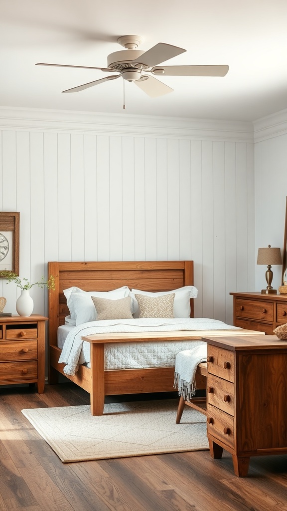 A rustic bedroom featuring a wooden furniture set with a bed, nightstands, and a dresser.
