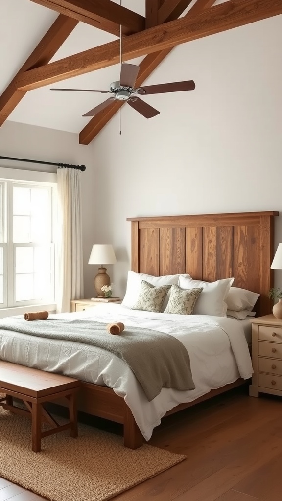 Rustic wooden headboard in a bright bedroom with a ceiling fan and wooden furniture.