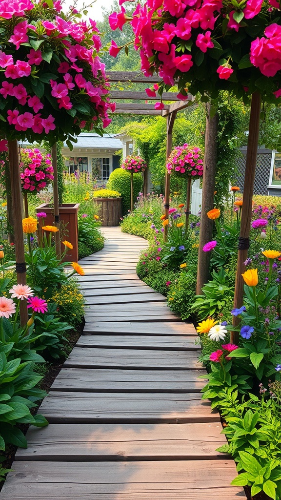 A rustic wooden pathway surrounded by colorful flowers and hanging flower baskets in a garden.