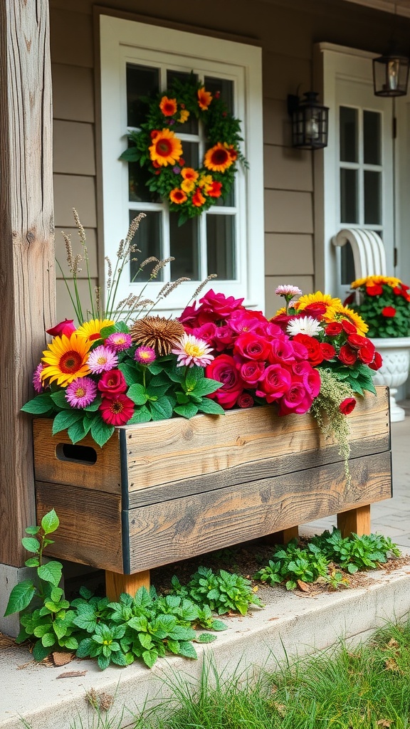 A rustic wooden planter box filled with colorful flowers placed on a porch.