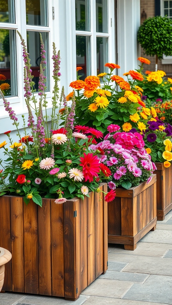 Rustic wooden planters filled with colorful flowers on a patio
