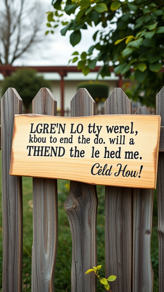 A rustic wooden sign with a quote attached to a wooden fence in a garden.