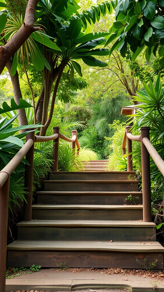 Rustic wooden steps leading through lush greenery to a garden oasis.