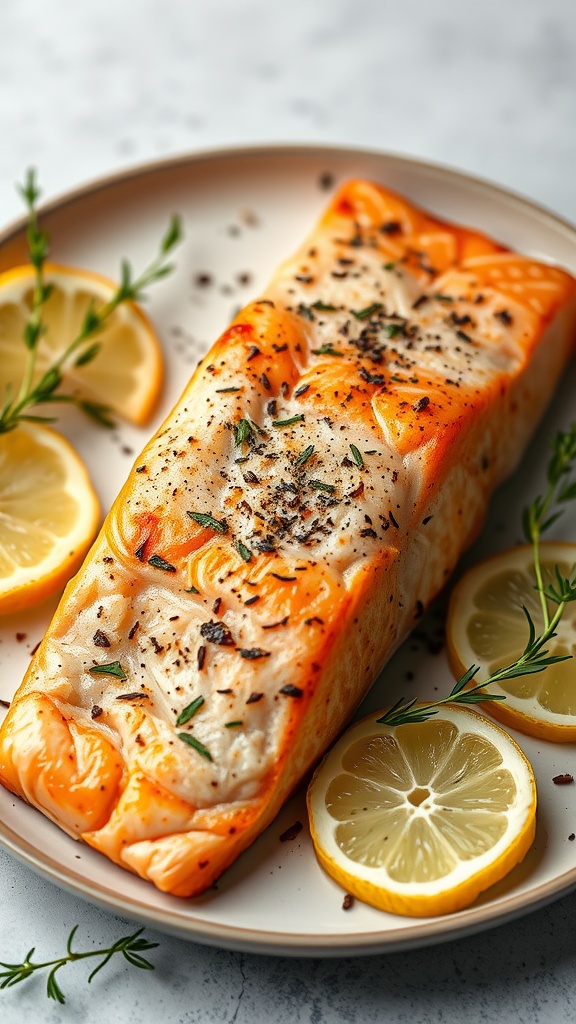 A delicious cooked salmon fillet served with lemon slices and herbs.