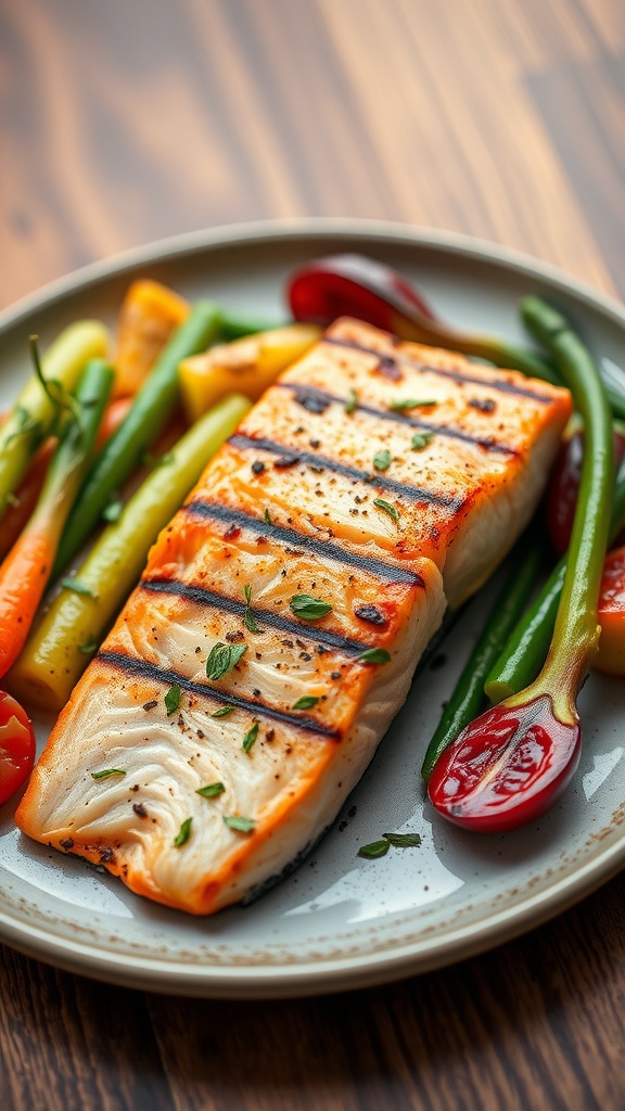 Grilled salmon with vegetables on a plate