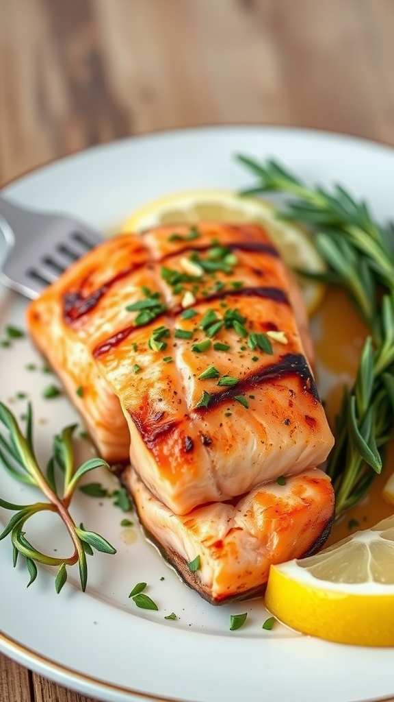 Grilled salmon fillet garnished with herbs and lemon on a plate.